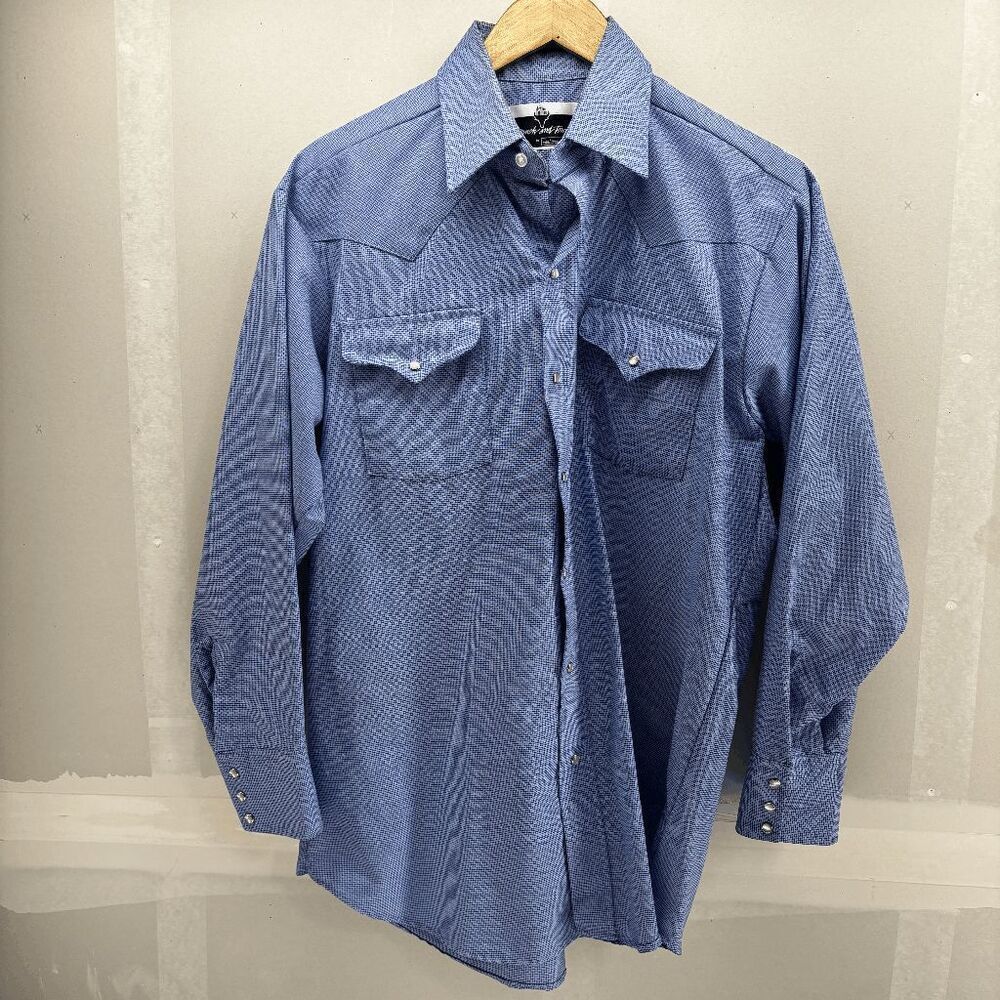 Vtg Panhandle Slim Shirt Mens 16.5 34 L Blue White Western Pearl Snap Ranch Town